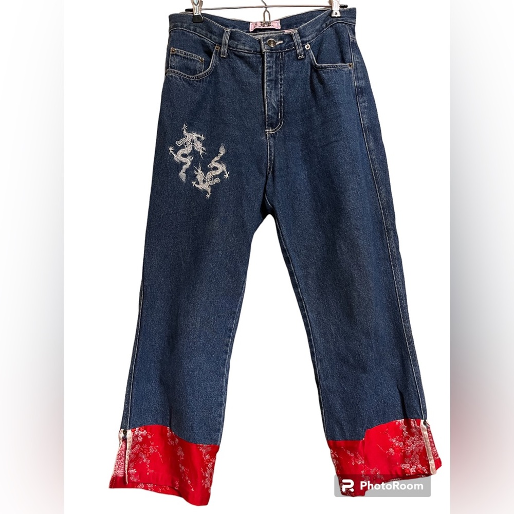“S.L.A” Y2K jeans 🍒 blossoms and 🐉embroidery